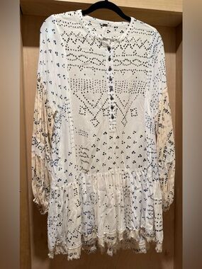 Free People Women's Cream and Navy Printed Peasant Top Size Small NEW